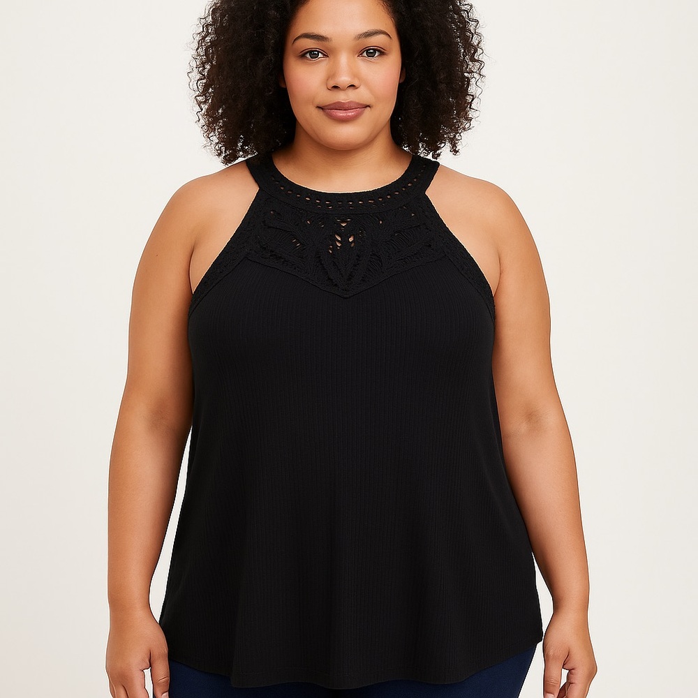 Black Crochet Yoke Tank Top Size 5 Torrid Boho Knit Sleeveless